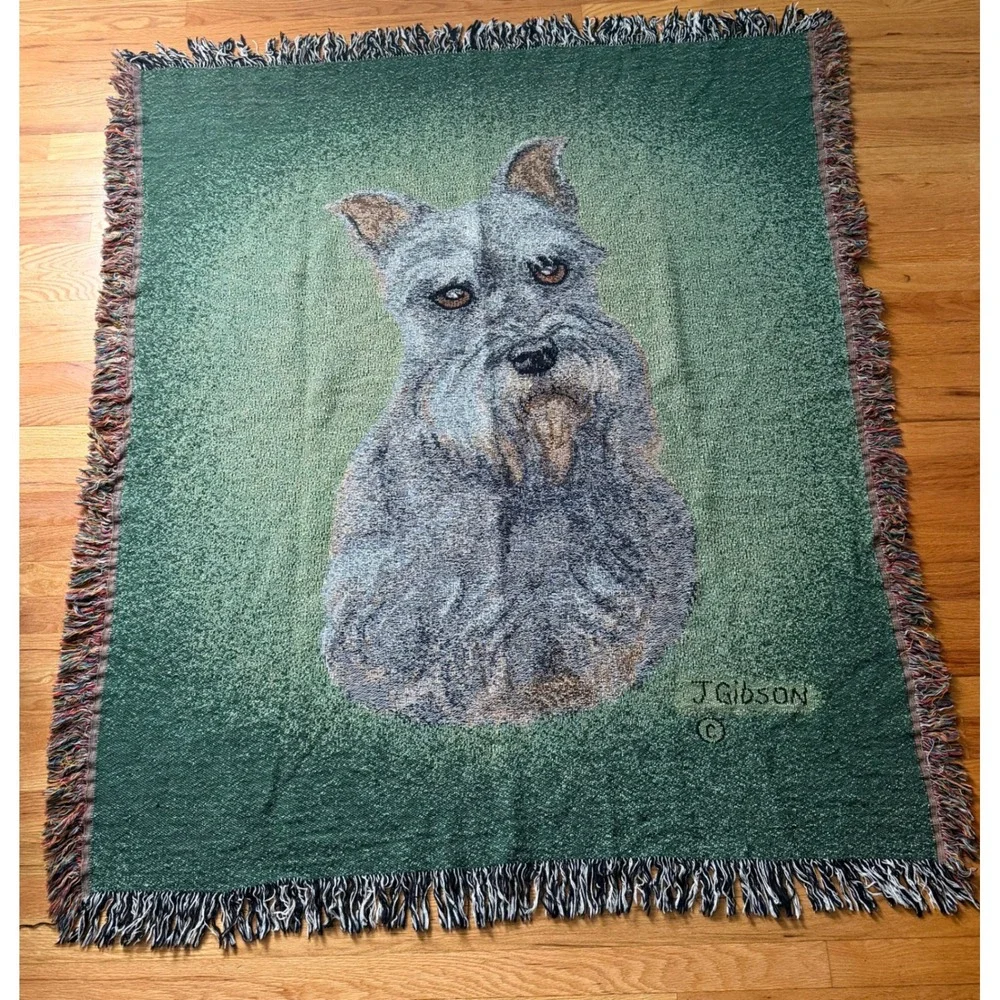 Vintage J Gibson Woven Tapestry Throw Blanket Schnauzer Dog Green Fringed 52x60